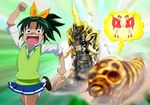  battra crossover godzilla_(series) green_hair midorikawa_nao mothra precure running school_uniform siblings smile_precure! sweater_vest tomo5656ky twins 