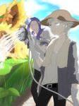  2boys berserker_(fate/zero) casual fate/zero fate_(series) flower hat highres hose lancelot_(fate/zero) long_hair matou_kariya mimoza multiple_boys purple_hair sun_hat sunflower towel white_hair 