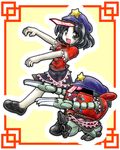  black_hair chibi crossover gundam hat highres kapool mayohi_neko mecha mechanization miyako_yoshika ofuda open_mouth outstretched_arms sd_gundam sharp_teeth shoes star teeth touhou turn_a_gundam zombie_pose 