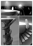  abubu comic greyscale hime_cut horizon lamppost long_hair monochrome original spiral_staircase stairs 