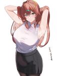  1girl absurdres ananda_hikari aqua_eyes armpit_focus armpits arms_behind_head artist_name azur_lane black_pantyhose black_skirt blue_eyes breasts brown_hair closed_mouth collared_shirt crossed_bangs highres impero_(azur_lane) impero_(drunken_drowsy_dreamer)_(azur_lane) large_breasts long_hair looking_at_viewer office_lady official_alternate_costume pantyhose pencil_skirt presenting_armpit shirt simple_background skirt sleeveless sleeveless_shirt solo steaming_body sweaty_armpits white_background white_shirt 
