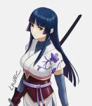  1girl artist_name blue_hair blunt_bangs blunt_ends commentary gintama gloves highres hime_cut holding holding_sword holding_weapon imai_nobume long_hair looking_at_viewer lynarc red_eyes red_gloves simple_background solo standing sword twitter_username weapon white_background 
