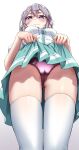  1girl absurdres aqua_skirt ass_visible_through_thighs blue_eyes blush breasts cameltoe closed_mouth clothes_grab clothes_lift commentary_request cowboy_shot crossed_bangs double-parted_bangs dress_shirt from_below grey_hair hair_between_eyes hair_ornament hairband hairclip highres kamikakushi_no_eden lace-trimmed_panties lace_trim large_breasts lifting_own_clothes long_bangs long_hair looking_at_viewer miniskirt neck_ribbon panties parallel_hairclips pink_panties pink_ribbon pleated_skirt ribbon sahara386 satin_panties school_uniform serafuku shiroi_shizuku shirt short_sleeves sidelocks simple_background skirt skirt_grab skirt_lift slit_pupils smile solo standing thighhighs thighs underwear white_background white_hairband white_shirt white_thighhighs 