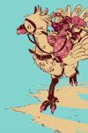  1boy aqua_background bag bandana bandana_around_neck beard bindle bird boots chocobo eyewear_lift facial_hair final_fantasy final_fantasy_vi goggles goggles_on_head holding holding_reins limited_palette male_focus mohawk old old_man puffy_pants ratite reins riding riding_animal riding_bird saddle satchel strago_magus yellow_bird yukataro 