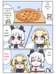  2girls ? ahoge black_eyes black_gloves black_horns black_tail blonde_hair blue_eyes chest_harness closed_eyes closed_mouth commentary curled_horns demon_tail earrings english_commentary english_text food gloves hair_ornament harness highres horns jewelry key_earrings long_hair mole mole_under_eye multicolored_eyes multiple_girls necktie no_headwear partially_shaded_face pepperoni pepperoni_pizza phoebe_(wuthering_waves) pizza red_eyes red_necktie shirt tail tenrino thinking two-tone_eyes white_hair white_shirt wuthering_waves x_hair_ornament zani_(wuthering_waves) 