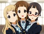  :d :o alternate_hairstyle bangs black_eyes blazer blonde_hair blunt_bangs brown_eyes brown_hair glasses hair_ornament hairclip hand_on_shoulder hirasawa_yui jacket k-on! kotobuki_tsumugi manabe_nodoka multiple_girls open_mouth red-framed_eyewear ribbon round_teeth school_uniform semi-rimless_eyewear short_hair smile teeth under-rim_eyewear upper_body yamasaki_wataru 