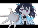  1girl :o absurdres banana_zarigani beckoning black_hair blue_sailor_collar bright_pupils clear_marine_calm_(idolmaster) commentary_request fukumaru_koito highres holding holding_microphone idolmaster idolmaster_shiny_colors letterboxed medium_hair microphone nail_polish sailor_collar shirt simple_background solo twintails upper_body white_background white_pupils white_shirt 
