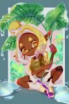  1girl arm_under_breasts blue_border border closed_mouth colored_eyelashes commentary_request dark-skinned_female dark_skin frye_(splatoon) frye_(splatoon_raiders)_(splatoon) holding holding_plant inkling leaf long_hair long_pointy_ears looking_at_viewer merute_spla navel official_alternate_costume outside_border plant pointy_ears short_eyebrows sitting solo splatoon_(series) splatoon_raiders star-shaped_pupils star_(symbol) symbol-shaped_pupils tentacle_hair thick_eyebrows topknot water 