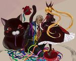  1girl blazblue blonde_hair butler cat dress gii gothic_lolita hair_ribbon kneeling lolita_fashion long_hair nago nizimu platform_footwear rachel_alucard red_eyes ribbon twintails valkenhayn_r_hellsing 