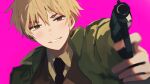  1boy aiming aiming_at_viewer axis_powers_hetalia blonde_hair blush brown_eyes brown_vest collared_jacket collared_shirt commentary dot_nose english_commentary green_jacket gun handgun highres holding holding_gun holding_weapon jacket male_focus open_clothes open_jacket parted_lips pink_background shirt simple_background smile solo teeth thick_eyebrows united_kingdom_(hetalia) upper_body vest weapon white_shirt wing_collar wto_1955514 