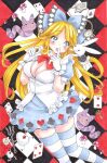  1girl :d :o ace_(playing_card) ace_of_hearts alice&#039;s_adventures_in_wonderland alice_(alice_in_wonderland) black_shirt blue_bow blue_dress blue_eyes blue_socks blush book bow breasts card center_opening chain checkered_background cheshire_cat_(alice_in_wonderland) cleavage clock club_(shape) commentary_request cropped_legs diamond_(shape) dress egg egg_yolk finger_to_mouth gloves heart highres key kneehighs lips long_hair looking_at_animal medium_breasts mushroom playing_card puffy_short_sleeves puffy_sleeves red_bow rodeorodeo shirt short_sleeves smile socks solid_oval_eyes solo striped_clothes striped_socks teeth two-tone_socks upper_teeth_only white_gloves white_rabbit_(alice_in_wonderland) white_shirt white_socks worm 