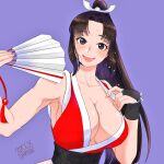  1girl armpit_peek bare_shoulders blush breasts brown_eyes brown_hair cleavage collarbone commentary dated fatal_fury folded_fan folding_fan hair_ornament hand_fan high_ponytail holding holding_fan hot large_breasts long_hair looking_at_viewer misodiru motoyui ninja open_mouth parted_bangs pink_lips ponytail purple_background sash shiranui_mai sidelocks signature simple_background smile solo street_fighter street_fighter_6 sweat symbol-only_commentary the_king_of_fighters upper_body 