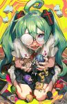  1girl absurdres ahoge aqua_hair aroused_nosebleed barley_juice bible_(object) blood breath brown_shoes character_doll coke-bottle_glasses collared_shirt commentary confessions_of_a_rotten_girl_(vocaloid) cross-shaped_pupils cross_hair_ornament doll drooling english_commentary fang fujoshi glasses gumi hair_between_eyes hair_ornament hatsune_miku highres hiyama_kiyoteru kagamine_len kagamine_rin kaito_(vocaloid) kamui_gakupo kasane_teto loafers long_hair looking_at_viewer looking_up loose_socks lower_teeth_only megurine_luka nosebleed opaque_glasses open_mouth partially_opaque_glasses pleated_skirt purple_eyes saliva school_uniform shirt shoes short_sleeves sitting skin_fang skirt smile socks solo sound_effects symbol-shaped_pupils teeth tongue twintails utau vocaloid wariza white_shirt yaoi 