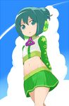  alternate_hair_length alternate_hairstyle aqua_eyes aqua_hair bad_id bad_pixiv_id child hatsune_miku headphones jersey_(module) midriff navel project_diva_(series) project_diva_2nd short_hair skirt solo tamakorogashi vocaloid 