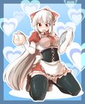  alternate_costume apron ascot bad_id bad_pixiv_id bangs black_legwear blue_background blunt_bangs blush bow breasts cameltoe corset d: embarrassed enmaided fujiwara_no_mokou hair_bow heart high_ponytail hips kneeling large_breasts loafers long_hair looking_at_viewer maid naka_akira open_mouth panties pantyshot ponytail puffy_sleeves shoes silver_hair skindentation solo spread_legs teapot thighhighs touhou tray underwear upskirt very_long_hair waitress white_panties wide_hips 