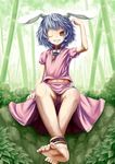  animal_ears anklet aratama bad_id bad_pixiv_id bamboo bamboo_forest barefoot black_hair bunny_ears carrot collar colored_eyelashes eyelashes feet forest grass grin highres inaba_tewi jewelry midriff nature one_eye_closed panties pendant short_hair smile solo touhou underwear yellow_eyes 