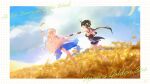  2girls absurdres bare_shoulders barefoot black_dress black_hair black_shorts blonde_hair blue_sky breasts cartethyia_(wuthering_waves) commentary_request crown_of_thorns day dress elbow_pads english_text female_rover_(wuthering_waves) hair_ribbon highres holding_wheat long_hair low_ponytail medium_breasts multiple_girls open_mouth outdoors ponytail ribbon rover_(wuthering_waves) shorts sky smile starblame wuthering_waves yellow_ribbon 