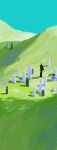  2boys black_jacket blue_shirt clear_sky full_body giorno_giovanna graveyard guido_mista highres hill jacket jojo_no_kimyou_na_bouken kou_zhua male_focus multiple_boys outdoors scenery shirt sky standing tombstone vento_aureo wide_shot 