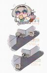  1girl 1other black_hairband blue_pupils blush bread bread_slice collared_shirt firefly_(honkai:_star_rail) firefly_(spring_missive)_(honkai:_star_rail) flying_sweatdrops food food_in_mouth grey_hair grey_sailor_collar hair_between_eyes hair_intakes hair_ornament hairband highres honkai:_star_rail honkai_(series) in_container in_trash_can multicolored_eyes mumi_mamimu running sailor_collar shirt simple_background trailblazer_(honkai:_star_rail) trash_can two-tone_eyes white_background white_shirt 