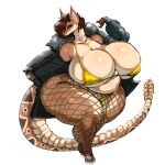 1:1 2025 4_toes absurd_res anthro big_breasts bikini breasts brown_hair clothing fallout feet female fingers fishnet_clothing fishnet_legwear gausscannon hair hi_res huge_breasts jacket legwear microsoft night_stalker_(fallout) overweight overweight_anthro overweight_female pit_viper rattlesnake reptile scalie snake solo swimwear tail thick_thighs toes topwear two-piece_swimsuit viper