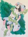 2025 4_toes acrylic_painting_(artwork) anthro australian_shepherd biped black_eyebrows black_eyeliner black_nose blue_body blue_fur blush breasts brown_eyes brown_eyeshadow canid canine canis canvas censored cheek_tuft colored convenient_censorship domestic_dog eyebrows eyelashes eyeliner eyeshadow facial_tuft feet female floppy_ears flower folded_ears fur green_background heart_(marking) herding_dog hi_res horn leaf leaf_censor lexy_(twinkworshiper88) looking_at_viewer makeup mammal markings naturally_censored nude painting painting_(artwork) pastoral_dog plant plantigrade sheepdog simple_background slim smile solo spots spotted_body tail toes traditional_media_(artwork) traditional_painting_(artwork) tuft twinkworshiper8 vines white_body white_fur