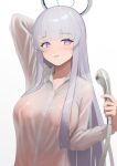  1girl afe. arm_behind_head blue_archive breasts commentary gradient_background grey_background grey_hair grey_halo halo holding holding_shower_head long_sleeves looking_at_viewer mechanical_halo medium_breasts noa_(blue_archive) purple_eyes see-through_clothes see-through_shirt shirt shower_head solo wet wet_clothes wet_shirt white_background white_shirt 
