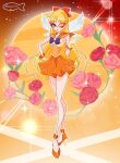  1girl adapted_costume aino_minako bad_id bad_twitter_id bare_legs bare_shoulders bishoujo_senshi_sailor_moon blonde_hair blue_bow blue_bowtie blue_eyes blue_wings bow bowtie brooch cartoonized chocofish choker collarbone commentary english_commentary expressionless eyelashes eyeshadow fairy fairy_wings flower full_body glitter gloves gradient_background hair_bow hand_on_own_hip high_heels jewelry leotard light_particles lipstick long_hair magical_girl makeup mask masquerade_mask miniskirt multicolored_leotard one_eye_closed orange_background orange_choker orange_eyeshadow orange_leotard orange_sailor_collar orange_shoes orange_skirt outline outstretched_hand parody parted_lips pink_flower pink_lips pink_rose pleated_skirt pumps red_bow red_flower red_mask red_rose rose sailor_collar sailor_venus shoes skirt solo sparkle standing strapless strapless_leotard style_parody toon_(style) twitter_username two-tone_leotard venus_(planet) very_long_hair watermark wavy_hair white_outline wings winx_club yellow_gloves yellow_leotard 