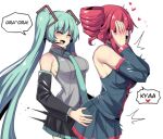  2girls absurdres ahoge aqua_hair aqua_necktie commentary covering_face detached_sleeves drill_hair dry_humping grabbing_another&#039;s_ass grabbing_from_behind grey_shirt groping hair_between_eyes hatsune_miku heart highres hinghoi humping kasane_teto long_hair multiple_girls necktie pleated_skirt red_hair shirt simple_background skirt sleeveless sleeveless_shirt speech_bubble standing thighhighs twin_drills twintails utau very_long_hair vocaloid white_background yuri 