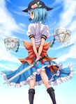  alternate_hair_length alternate_hairstyle back blouse blue_door blue_hair blush boots bow food fruit hat hinanawi_tenshi keystone large_bow looking_back peach red_eyes ribbon rope shide shimenawa short_hair skirt solo standing sword sword_of_hisou touhou weapon 
