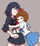  2girls black_eyes black_hair black_sailor_collar black_skirt blue_sailor_collar blue_skirt bowl_cut brown_background brown_hair closed_eyes closed_mouth hair_between_eyes hoyon hug kill_la_kill mankanshoku_mako matoi_ryuuko midriff multicolored_hair multiple_girls navel neckerchief pleated_skirt red_hair red_neckerchief sailor_collar school_uniform senketsu shirt short_sleeves skirt streaked_hair suspender_skirt suspenders three-quarter_sleeves two-tone_hair white_shirt 