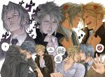  2boys ? anger_vein angry bandaid bandaid_on_cheek bandaid_on_face black_jacket blonde_hair blue_eyes cloud_strife cloud_strife_(midgard_seventh_high_school) earrings english_commentary english_text fang felsparks final_fantasy final_fantasy_vii final_fantasy_vii_ever_crisis grey_hair hand_on_another&#039;s_neck highres jacket jewelry looking_at_another male_focus multiple_boys official_alternate_costume open_mouth school_uniform sephiroth sephiroth_(ever_crisis) sephiroth_(shinra_private_academy) shirt short_hair single_earring speech_bubble spiked_hair white_shirt yaoi 