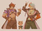  3boys ? abs alternate_costume animal_ears arataki_itto black_choker black_jacket black_nails blush carlozw chest_strap chest_tattoo choker closed_eyes closed_mouth colored_inner_hair commentary cosplay costume_switch crossover dog_ears ear_piercing earrings english_commentary facial_tattoo fingerless_gloves genshin_impact gloves gorou_(genshin_impact) green_pants heart highres horns jacket jewelry komano_manato looking_at_another male_focus male_pubic_hair multicolored_hair multiple_boys muscular muscular_male navel_hair neck_tattoo necklace open_clothes open_jacket open_mouth pants pectoral_cleavage pectorals piercing pubic_hair red_hair red_horns red_tattoo shirt short_hair tattoo white_hair white_shirt zenless_zone_zero 
