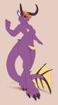 anthro balls blonde_hair canid canine full-length_portrait fur genitals gynomorph gynomorph_anthro hair hi_res horn hybrid intersex intersex_anthro mammal multicolored_hair narrowed_eyes nipples nude penis portrait pupils purple_balls purple_body purple_fur red_hair red_pupils ridged_penis seraphictiger simple_background solo species_request standing two_tone_hair yellow_eyes yellow_nipples yellow_penis