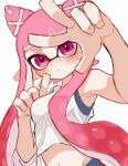  1girl arms_up closed_mouth commentary cropped_shirt english_commentary hair_horns hair_ornament highres inkling inkling_girl inkling_player_character kodak_painter long_hair looking_at_viewer navel pink_eyes pointy_ears shirt simple_background sleeveless sleeveless_shirt solo splatoon_(series) splatoon_3 tentacle_hair white_background white_shirt x_hair_ornament 