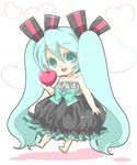  apple aqua_eyes barefoot blue_hair chibi dress food fruit hatsune_miku heart holding holding_food holding_fruit long_hair nuemaru open_mouth solo strapless strapless_dress twintails very_long_hair vocaloid 