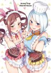  2girls :d apron armband asymmetrical_bangs bare_legs blue_eyes blue_nails bob_cut breast_press breasts brown_hair cake candy chef_hat chocolate chocolate_cake clenched_hand copyright_name cover cover_page detached_collar drill_hair emily_ashley fang food frilled_apron frills hair_ribbon hat heart heart-shaped_chocolate heart-shaped_food highres hiiragi_seraphy holding holding_cake holding_food honey_trap_shared_house kouzuki_kouichi maid_headdress manga_cover medium_breasts midriff multiple_girls naked_apron navel neckerchief official_art outstretched_arm outstretched_hand pink_nails pov raised_inner_eyebrows reaching reaching_towards_viewer ribbon sideboob small_breasts smile swept_bangs symmetrical_docking third-party_source triangle_background twin_drills v-shaped_eyebrows white_hair yellow_eyes yellow_neckerchief 