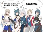  5girls animal_ear_fluff animal_ears bare_shoulders black_choker black_gloves blonde_hair blue_eyes blue_hair breasts centauri-d choker cleavage earrings english_text feixiao_(honkai:_star_rail) fox_ears fox_girl fox_tail gloves green_hair hair_between_eyes hair_ornament halo highres honkai:_star_rail honkai_(series) jacket jewelry large_breasts long_hair long_sleeves meme mole mole_under_mouth multicolored_hair multiple_girls natasha_(honkai:_star_rail) necktie open_mouth pants purple_eyes red_jacket serval_landau she_looks_like_she_fucks_human_men_(meme) shirt short_hair simple_background siobhan_(honkai:_star_rail) smile speech_bubble streaked_hair tail white_hair yukong_(honkai:_star_rail) 