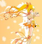  blonde_hair boots bow cure_sunshine from_behind hair_ribbon heartcatch_precure! knee_boots kneepits long_hair looking_back magical_girl midriff myoudouin_itsuki orange_(color) orange_background orange_bow orange_eyes orange_skirt precure ribbon shadow skirt solo sw twintails wrist_cuffs 