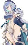  1girl blue_eyes blue_hair blush breasts cape dreizehn_(shadowverse) gloves green_cape highres hood hood_down hooded_cape koshian_(taiyaki) leotard medium_hair no_panties shadowverse shadowverse:_worlds_beyond simple_background solo two-sided_cape two-sided_fabric white_background white_cape white_gloves white_leotard 