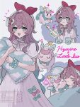  1girl alternate_hairstyle aqua_bow aqua_hair bow ca_ru_cca character_name closed_eyes closed_mouth creature dress english_text hair_bow holding holding_pillow honkai:_star_rail honkai_(series) hyacine_(honkai:_star_rail) little_ica_(honkai:_star_rail) milk multiple_views musical_note on_bed open_mouth pillow pink_bow pink_dress pink_hair red_bow ribbon sleeping smile solo sparkle twitter_username upper_body watermark white_ribbon yellow_pupils 