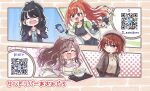  &gt;_&lt; 4girls ^_^ absurdres aketa_mikoto arisugawa_natsuha beret black_hair blush bottle bowl breasts brown_hair cleavage clenched_hands closed_eyes commentary_request dumbbell hat highres holding holding_bottle holding_dumbbell holding_tray idolmaster idolmaster_shiny_colors jewelry kazano_hiori large_breasts linea_alba multiple_girls necklace nervous_sweating orange_hair outline ponytail qr_code s_aomidoro smile sweat sweatdrop translation_request tray tsukioka_kogane white_outline 
