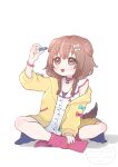  1girl amari_(ama_shiiiiiiba) animal_collar animal_ears belt_collar blush bone_hair_ornament braid brown_eyes brown_hair buttons collar commentary_request dog_ears dog_girl dog_tail double-parted_bangs dress full_body hair_ornament hairclip highres hololive indian_style inugami_korone inugami_korone_(1st_costume) jacket long_hair looking_at_object loose_socks low_twin_braids low_twintails no_shoes off_shoulder open_clothes open_jacket open_mouth partial_commentary red_collar red_socks short_dress simple_background single_bare_shoulder sitting sleeveless sleeveless_dress smile socks solo tail twin_braids twintails virtual_youtuber white_background white_dress yellow_jacket yubi_yubi_(inugami_korone) 
