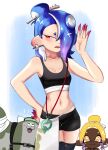  2girls arm_up averting_eyes big_man_(splatoon) big_man_(splatoon_raiders)_(splatoon) bike_shorts black_shorts blue_background blue_hair blush border breasts cephalopod_eyes cleavage closed_mouth colored_eyelashes commentary crop_top dark-skinned_female dark_skin earrings english_commentary eyelashes fish_hook_earrings frye_(splatoon) frye_(splatoon_raiders)_(splatoon) gradient_hair hair_over_one_eye hand_on_own_hip highres holyskywalkrs inkling jewelry long_hair looking_to_the_side multicolored_hair multiple_girls navel octoling official_alternate_costume outside_border purple_hair red_eyes red_pupils shiver_(splatoon) shiver_(splatoon_raiders)_(splatoon) short_eyebrows shorts single_earring small_breasts smile splatoon_(series) splatoon_raiders tentacle_hair thick_eyebrows topknot two-tone_hair very_dark_skin white_border 