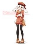  animal_ears bag black_legwear brown_eyes bunny_ears domoki_kenji hat jewelry legs legwear_under_shorts letter messenger_bag original pantyhose short_hair shorts shoulder_bag single_earring solo standing white_hair 