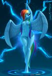abs absurd_res anthro areola arms_above_head artist_logo artist_name barely_visible_genitalia blue_areola blue_body blue_feathers blue_fur blue_nipples breasts chest_tuft clearvision cutie_mark detailed_background electricity equid equine eyebrows eyelashes feathered_wings feathers female friendship_is_magic fur genitals hair hands_above_head hands_behind_head hasbro hi_res hooves horn lightning logo looking_at_viewer mammal mouth_closed multicolored_hair multicolored_tail my_little_pony mythological_creature mythological_equine mythology navel nipples nude nude_anthro nude_female pegasus pink_eyes rainbow_dash_(mlp) rainbow_hair rainbow_tail signature small_breasts smile smiling_at_viewer solo spread_wings tail text thick_thighs tuft unicorn vulva wings
