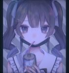  1girl border drinking eyelashes hair_ornament long_hair looking_at_viewer mask mask_pull mi_oxo_9m mouth_mask nijisanji pixelated solo striped_background tsukino_mito twintails upper_body virtual_youtuber 