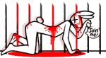 aliasing all_fours anthro blood blood_on_face blood_on_hand blood_pool blood_splatter bodily_fluids digital_media_(artwork) fur gore impalement kama_(wendigoop) lagomorph leporid male mammal rabbit simple_background solo speech_bubble spikes stuck talking_to_viewer torturabbit trap_(contrivance) white_background white_body white_fur x_eyes