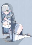  1girl ;o amari_(ama_shiiiiiiba) arched_back black_dress black_shoes black_veil blush braid breast_curtains breasts cleavage cleavage_cutout clothing_cutout commentary_request dress full_body garter_straps gold_trim green_eyes grey_background grey_hair guimpe highres hololive interlocked_fingers kneeling large_breasts leaning_forward long_dress long_sidelocks long_sleeves looking_at_viewer nun official_alternate_costume official_alternate_hairstyle one_eye_closed own_hands_clasped own_hands_together pelvic_curtain puffy_long_sleeves puffy_sleeves shadow shirogane_noel shirogane_noel_(battle_nun) shoes side_braid sidelocks simple_background single_braid solo straight_hair strappy_heels thighhighs veil virtual_youtuber white_garter_straps white_thighhighs 