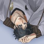  09dawg 1boy absurdres black_hair blue_eyes closed_mouth english_commentary haikyuu!! highres jacket kageyama_tobio male_focus shirt short_hair simple_background solo sportswear track_jacket upside-down volleyball_uniform 
