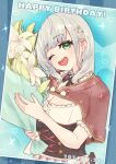  1girl ;d amari_(ama_shiiiiiiba) apron blunt_bangs blush bodice bouquet bow bowtie breasts brown_capelet capelet choppy_bangs cross-laced_clothes dated detached_collar dirndl fanged_bangs flower german_clothes green_eyes grey_hair hair_flower hair_ornament highres holding holding_bouquet hololive large_breasts long_hair looking_at_viewer maid official_alternate_costume official_alternate_hairstyle one_eye_closed open_mouth photo_(object) shirogane_noel shirogane_noel_(dirndl) smile solo straight_hair underbust virtual_youtuber white_apron 